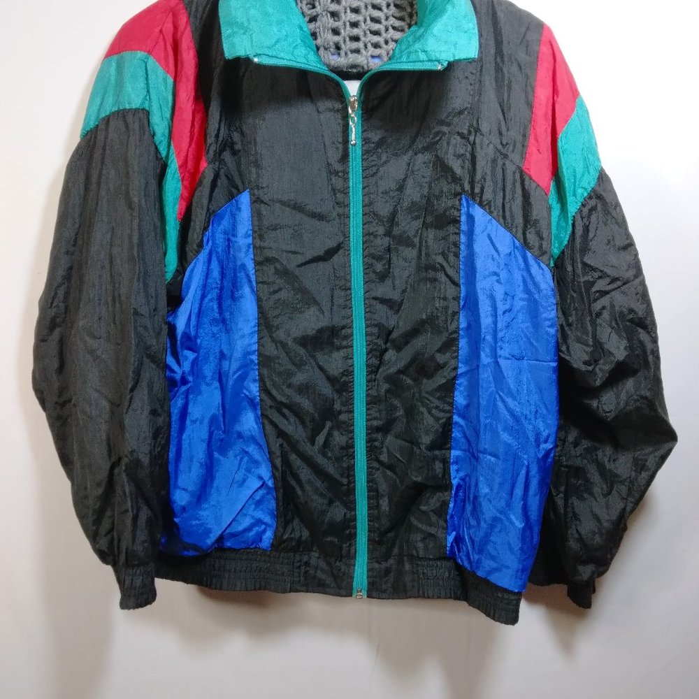 Active Sensation Vintage Colorblock Windbreaker‎ Jacket Black Blue Size M Medium